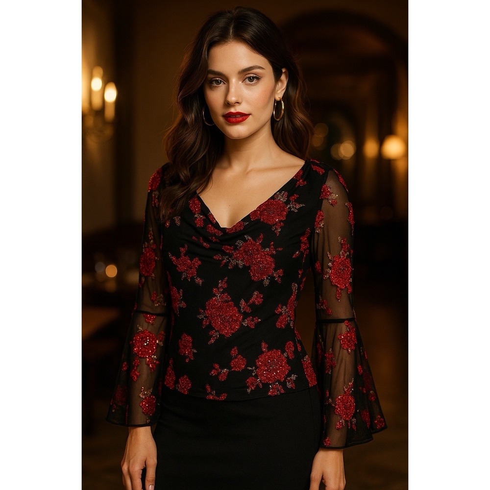 Jkara Beaded Top Womens M Black Red Floral Bell Sleeve Evening Festival 90s